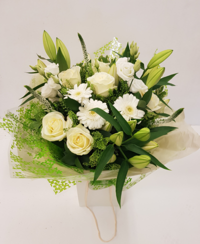 Purity - Handtied in water. All whites and greens to include roses and lillies