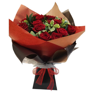 Classic Red Romance - A striking hand-tied bouquet in rich red tones, beautifully presented with contrasting dark and natural wrapping.
