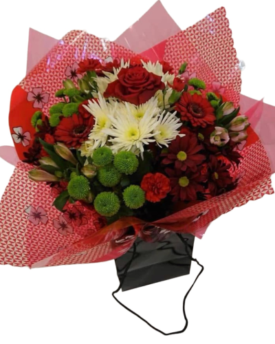 Ruby Delight - A vibrant hand-tied bouquet in bold red, crisp white and fresh green shades, finished with eye-catching red wrapping.
