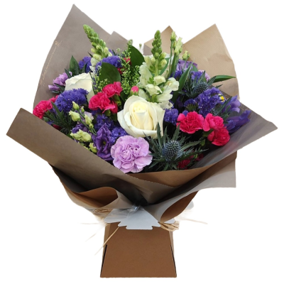Country Garden Charm - A colourful hand-tied bouquet featuring a beautiful mix of purple, pink, white and green tones with a relaxed garden-inspired feel.