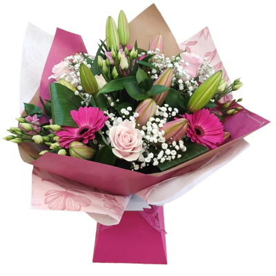 Perfectly Pink - A pretty hand-tied bouquet filled with soft and vibrant pink shades, complemented by fresh whites and lush greenery.