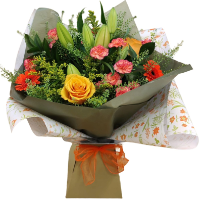 Sunset Glow - A warm and cheerful hand-tied bouquet combining golden yellow, orange and coral tones with fresh seasonal greenery.