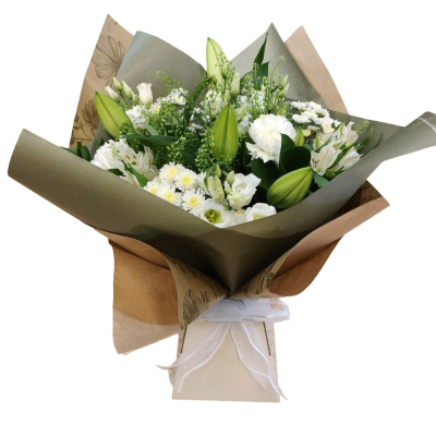 Pure & Elegant - A graceful hand-tied bouquet in fresh white and green tones, beautifully wrapped for a clean and timeless finish.