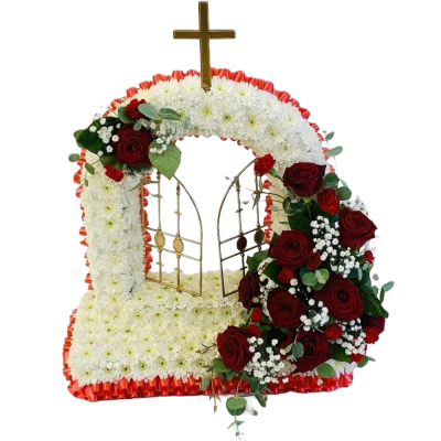 Gates of Heaven Tribute - A striking funeral tribute featuring classic white and deep red tones, finished with gates and a cross for a meaningful farewell.