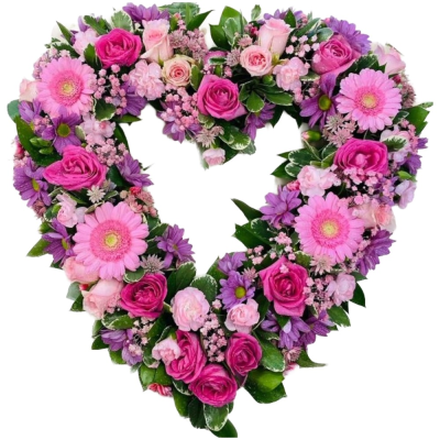 Pink Embrace Heart - A beautiful open heart funeral tribute in soft pink, rich cerise and purple tones, finished with fresh greenery.