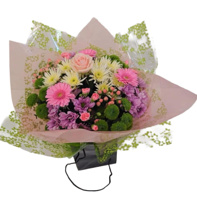 Candy Garden - A cheerful hand-tied bouquet combining pretty pink, purple and white tones with pops of fresh green.
