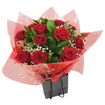 Red Velvet - A classic hand-tied bouquet of rich red tones, beautifully complemented by fresh greenery and delicate white accents.