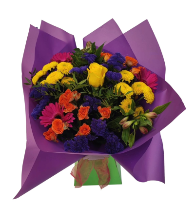 Carnival Brights - A vibrant hand-tied bouquet bursting with bold yellow, orange, purple and hot pink tones, finished with fresh greenery.
