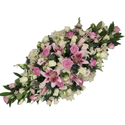 Pink Serenity Casket Spray - A graceful casket spray in soft pink and white tones, beautifully complemented by fresh greenery.