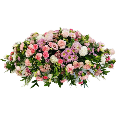 Rose Petal Farewell - A beautiful casket spray in soft pink, white and gentle mauve tones, finished with fresh flowing greenery.