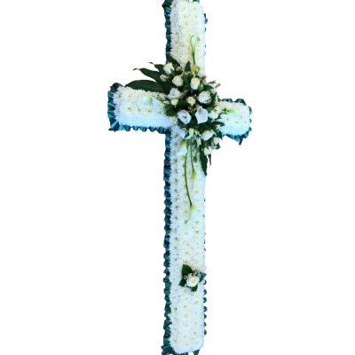 Eternal Faith Cross - A traditional cross-shaped funeral tribute in classic white, finished with elegant white floral detailing and rich green accents.