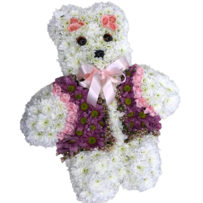Teddy Bear Tribute - A sweet teddy bear-shaped funeral tribute in white, pink and purple, finished with a soft pink bow.