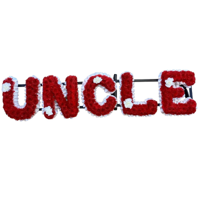 Red Uncle Tribute - A bold red floral letter tribute spelling “UNCLE”, finished with white detailing and matching ribbon edging.