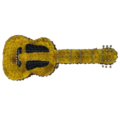 Strings of Memory - A striking guitar-shaped funeral tribute in yellow and black, finished with realistic string and fret detailing.