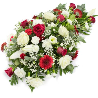 Single Ended Spray (Red) - Tasteful red and white single ended spray. A beautiful funeral tribute including red and white choice flowers. Available in other colours. 3ft £85 / 3 1/2ft £105 / 4ft £130. This item needs at least 1 working days notice to deliver. It may not be possible to make and deliver an item like this same day. Our experienced Birmingham florists create this Single Ended Spray (Red) with a respectful finish suitable for a funeral, commemoration or celebration of life. Every section is constructed ...