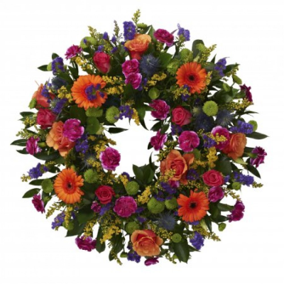 Vibrant loose wreath - At Buttercups and Daisies we are delighted to present this product available for flower delivery in Birmingham and surrounding areas and surrounding areas. This Vibrant loose wreath is carefully handcrafted in Birmingham for a meaningful farewell, memorial gathering or funeral service. The florists consider proportion, outline, colour balance and texture so the finished design has a dignified, carefully arranged appearance. Because fresh flowers naturally change through the year, particular ...
