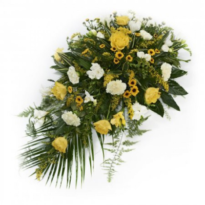 Yellow Single Ended Spray - Traditional single ended spray in oasis made in yellow and white flowers. At Buttercups and Daisies we are delighted to present this product available for flower delivery in Birmingham and surrounding areas and surrounding areas. Designed and made by Buttercups & Daisies Florist Birmingham, this Yellow Single Ended Spray offers families a personal way to express remembrance through flowers. The design is assembled patiently, with suitable blooms and foliage positioned to maintain a clear for...
