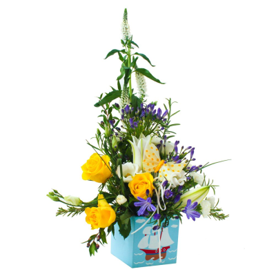Baby Boy Arrangement - Theres a new baby boy and you wish to celebrate the occasion! An arrangement in oasis in a blue ceramic container in blue, lemon and white.   Whether you are celebrating a birthday, anniversary, the arrival of a new baby, or perhaps you would like to help a sick friend feel better, flowers are always an excellent choice! Available for UK same day delivery if ordered by 2pm  Please note that due to the seasonal availability of flowers it may be necessary to vary individual stems from those...