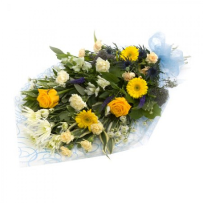 Congratulations - Gift wrapped bouquet arranged in lemons and blues includes roses, gerbears carnations and chrysanths wrapped in cellophane with a ribbon bow    Whether you are celebrating a birthday, anniversary, the arrival of a new baby, or perhaps you would like to help a sick friend feel better, flowers are always an excellent choice! Available for UK same day delivery if ordered by 2pm  Please note that due to the seasonal availability of flowers it may be necessary to vary individual stems from th...