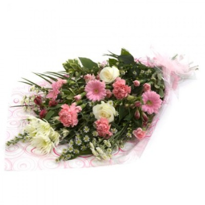 Happiness - Gift Bouquet - Handtied flat bouquet in pinks and whites gift-wrapped in cellophane with a bow At Buttercups and Daisies we are delighted to present this product available for flower delivery in Birmingham and surrounding areas   Whether you are celebrating a birthday, anniversary, the arrival of a new baby, or perhaps you would like to help a sick friend feel better, flowers are always an excellent choice! Available for UK same day delivery if ordered by 2pm  Please note that due to the seasonal availa...