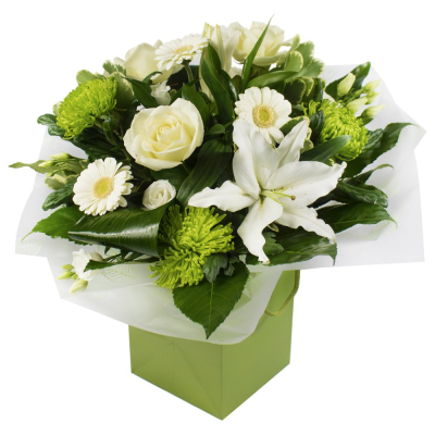 One In a Million - Luxurious natural green and white Hand Tied in water and presented in a gift bag. including roses, lilies, germini (content may vary depending on availability)   Whether you are celebrating a birthday, anniversary, the arrival of a new baby, or perhaps you would like to help a sick friend feel better, flowers are always an excellent choice! Available for UK same day delivery if ordered by 2pm  Please note that due to the seasonal availability of flowers it may be necessary to vary individ...