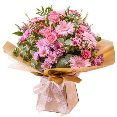 Jade - Handtied - A celebration Hand Tied of flowers in an aqua-packed box in pink shades and natural wrappings. Perfect for any occasion. Whether you are celebrating a birthday, anniversary, the arrival of a new baby, or perhaps you would like to help a sick friend feel better, flowers are always an excellent choice to send! Available for UK same day delivery if ordered by 2pm  Please note that due to the seasonal availability of flowers it may be necessary to vary individual stems from those shown. Our sk...