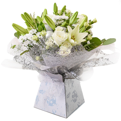 Peace - Hand tied bouquet - Stunning hand tied in whites and creams including roses and lilies gift-wrapped in water and presented in a gift box for delivery    Whether you are celebrating a birthday, anniversary, the arrival of a new baby, or perhaps you would like to help a sick friend feel better, flowers are always an excellent choice! Available for UK same day delivery if ordered by 2pm  Please note that due to the seasonal availability of flowers it may be necessary to vary individual stems from those shown. ...