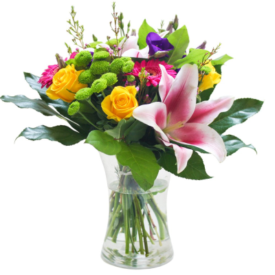 An Elegant Vase - Loveliest selection of flowers including pink oriental lilies and yellow roses complemented by a selection of mixed seasonal flowers hand delivered in a glass vase.    Whether you are celebrating a birthday, anniversary, the arrival of a new baby, or perhaps you would like to help a sick friend feel better, flowers are always an excellent choice! Available for UK same day delivery if ordered by 2pm Deluxe shown  Please note that due to the seasonal availability of flowers it may be neces...