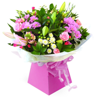 Ashleigh - Handtied Bouquet - This pretty pink combination makes this a perfect choice. Hand-tied and gift-wrapped in water presented in a gift box. Whether you are celebrating a birthday, anniversary, the arrival of a new baby, or perhaps you would like to help a sick friend feel better, flowers are always an excellent choice! Available for UK same day delivery if ordered by 2pm  Please note that due to the seasonal availability of flowers it may be necessary to vary individual stems from those shown. Our skilled flor...
