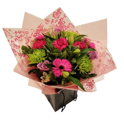 Perfect Pink Hand Tied - This beautiful Hand tied bouquet in pink shades is the perfect gift for most occasions. A selection of pink and cream flowers with greens. Made with long lasting flowers and expertly arranged and presented in a gift bag.    Whether you are celebrating a birthday, anniversary, the arrival of a new baby, or perhaps you would like to help a sick friend feel better, flowers are always an excellent choice! Available for UK same day delivery if ordered by 2pm  Please note that due to the seaso...
