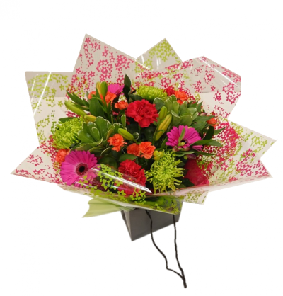 Vibrant Handtied - Vibrant Handtied bouquet of mixed flowers including a mix of lilies, gerberas, chrysanthemums arranged and gift-wrapped in water presented in a gift bag. Whether you are celebrating a birthday, anniversary, the arrival of a new baby, or perhaps you would like to help a sick friend feel better, flowers are always an excellent choice! Available for UK same day delivery if ordered by 2pm   Please note that due to the seasonal availability of flowers it may be necessary to vary individual stem...