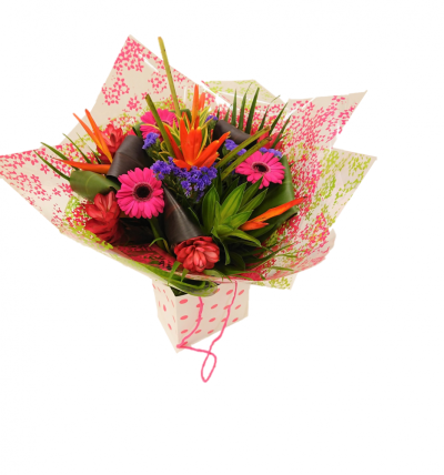 Exotic Hand tied - Give a gift of more unusual flowers with our exotic hand-tied bouquet. Featuring heliconias, Ginger flowers, palm leaves, dracaena and other exotic foliage. strikingly bold cerise germini and purple statice. Wrapped in vibrant paper and presented in a gift bag Whether you are celebrating a birthday, anniversary, the arrival of a new baby, or perhaps you would like to help a sick friend feel better, flowers are always an excellent choice! Available for UK same day delivery if ordered by 2pm ...