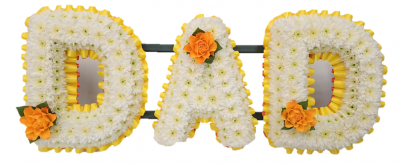 Dad Funeral Tribute (Simple) - Dad funeral tribute simple style with a single flower in each letter. Ribbon colour and flower colour at customer request. Request in special instructions. Our experienced Birmingham florists create this Dad Funeral Tribute (Simple) with a respectful finish suitable for a funeral, commemoration or celebration of life. Every section is constructed with attention to symmetry, visual depth and neat edging, helping the tribute look considered from different viewpoints. Fresh materials are select...