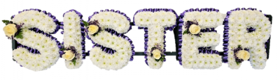 Sister Funeral Tribute (Simple) - Sister Funeral Tribute in a simple design with a single flower in each letter. Ribbon colour and single flower of customers choice. Please specify in special instructions This Sister Funeral Tribute (Simple) is carefully handcrafted in Birmingham for a meaningful farewell, memorial gathering or funeral service. The florists consider proportion, outline, colour balance and texture so the finished design has a dignified, carefully arranged appearance. Because fresh flowers naturally change thr...