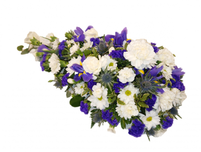 Single ended teardrop spray (Blue & White) - This beautiful teardrop spray in natural blues/purples and whites is suitable for almost any funeral. Would suit a gentleman or a lady. One of our most frequently chosen items it is suitable for a burial or cremation. Standard approx 60cm x 30cm / 24in x 12in. Deluxe approx 70cm x 35cm / 28in x 14in. Luxury approx 80cm x 40cm / 32in x 16in Handcrafted by Buttercups & Daisies Florist Birmingham, this Single ended teardrop spray (Blue & White) is prepared as a thoughtful floral tribute for a f...