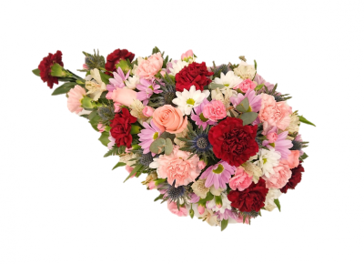 Single ended teardrop spray (Pink shades) - This beautiful teardrop spray in mixed flowers in shades of pinks whites and mauves is suitable for almost any funeral. Would suit a lady. One of our most frequently chosen items it is suitable for a burial or cremation. Standard approx 60cm x 30cm / 24in x 12in. Deluxe approx 70cm x 35cm / 28in x 14in. Luxury approx 80cm x 40cm / 32in x 16in Our experienced Birmingham florists create this Single ended teardrop spray (Pink shades) with a respectful finish suitable for a funeral, commemoratio...