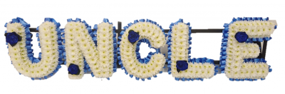 Uncle Funeral Tribute - Uncle funeral tribute simple style with a single flower in each letter. Ribbon colour and flower colour at customer request. Request in special instructions. letters are approx 12 /30cm high Designed and made by Buttercups & Daisies Florist Birmingham, this Uncle Funeral Tribute offers families a personal way to express remembrance through flowers. The design is assembled patiently, with suitable blooms and foliage positioned to maintain a clear form and balanced character. Flower varieties ...