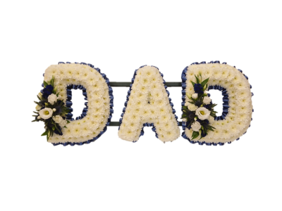 Dad Funeral Tribute - Dad funeral tribute with sprays, Ribbon colour and spray colour can be changed, add in special instructions. Letters approx 30cm/12in Item shown with navy blue ribbon and sprays to match This Dad Funeral Tribute is carefully handcrafted in Birmingham for a meaningful farewell, memorial gathering or funeral service. The florists consider proportion, outline, colour balance and texture so the finished design has a dignified, carefully arranged appearance. Because fresh flowers naturally change...