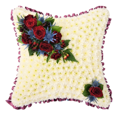 Funeral Cushion - A classic cushion-shaped design created using a mass of white double chrysanthmums and finished with a spray (pictured in claret roses carnations and blue thistle (Aston Villa)) Ribbon colour and spray colour of customer choice, advise in special instructions. Approximate dimensions, Standard: 35cm x 35cm, Deluxe: 45cm x 45cm, (Shown), Luxury: 50cm x 50cm Designed and made by Buttercups & Daisies Florist Birmingham, this Funeral Cushion offers families a personal way to express remembrance t...