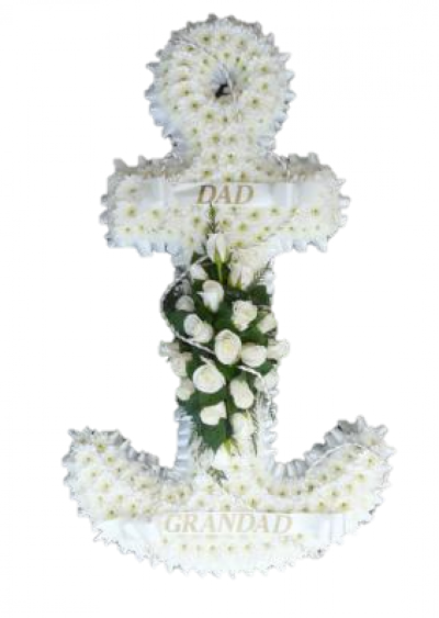 Anchor Funeral Tribute - Anchor funeral tribute massed in white chrysanthemums with a complimenting white rose spray. Can be made to order with diffrent colour ribbon and sprays of your choice Standard - 24Large - 32 Designed and made by Buttercups & Daisies Florist Birmingham, this Anchor offers families a personal way to express remembrance through flowers. The design is assembled patiently, with suitable blooms and foliage positioned to maintain a clear form and balanced character. Flower varieties and foliage de...