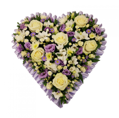 Lilac and white heart - A heart-shaped design in lilac and white shades Approximate product dimensions: Length: 45cm. Width: 45cm This Lilac and white heart is carefully handcrafted in Birmingham for a meaningful farewell, memorial gathering or funeral service. The florists consider proportion, outline, colour balance and texture so the finished design has a dignified, carefully arranged appearance. Because fresh flowers naturally change through the year, particular varieties may be substituted with comparable choi...