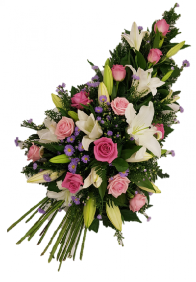 Rose and Lily Spray - Aralia leaves and French ruscus are nestled amongst classic Oriental lilies and large-headed roses in this classic teardrop spray. Please Note:The image relates to the large variant. Approximate product dimensions: Standard length: 65cm, Width: 40cm. Large length: 80cm, Width: 50cm. Extra large length: 90cm, Width: 60cm Handcrafted by Buttercups & Daisies Florist Birmingham, this Rose and Lily Spray is prepared as a thoughtful floral tribute for a funeral, memorial or remembrance service. Sh...