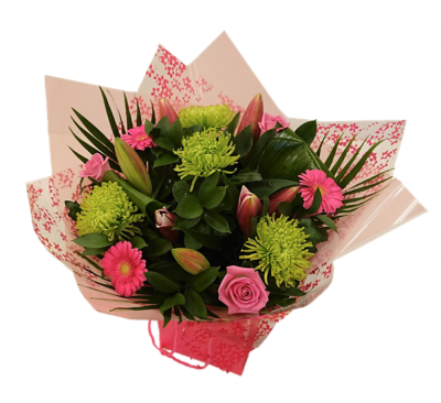 Pink Favourites Hand-Tied - This beautiful hand-tied bouquet, arranged by our skilful florists, contains all your favourites in pink: roses, lilies and gerberas, complemented by vibrant green shamrock bloom chrysanthemums and luxury foliage. Our experienced Birmingham florists create this Pink Favourites Hand-Tied with a respectful finish suitable for a funeral, commemoration or celebration of life. Every section is constructed with attention to symmetry, visual depth and neat edging, helping the tribute look considere...