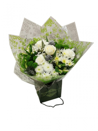 Peace on Earth - This beautiful hand-tied bouquet is a lovely selection of white greens and silvers featuring A glittered rose, carnations, gypsophila, alstroemeria, various varieties of chrysanthemums, silver cones and foliage. This Peace on Earth is arranged by Buttercups & Daisies Florist Birmingham for birthdays, anniversaries, celebrations and caring messages. Careful conditioning, placement and wrapping help the flowers arrive looking fresh, coordinated and ready to enjoy. Flower varieties and foliage ...