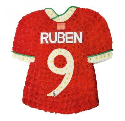 Liverpool Football Shirt - Liverpool Football Shirt Tribute, created using sprayed double chrysanthemums. Name and Number as customers choice. Handcrafted by Buttercups & Daisies Florist Birmingham, this Liverpool Football Shirt is prepared as a thoughtful floral tribute for a funeral, memorial or remembrance service. Shape, scale, contrasting tones and finishing details are assessed closely to create an appropriate and respectful presentation. Seasonal availability can affect individual stems, but the florist will pr...