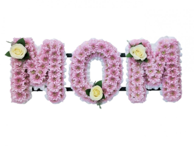 Pink Mom funeral tribute - This Mom funeral tribute is massed in pink double chrysanthmums and finished with a single White rose in each letter Designed and made by Buttercups & Daisies Florist Birmingham, this Pink Mom funeral tribute offers families a personal way to express remembrance through flowers. The design is assembled patiently, with suitable blooms and foliage positioned to maintain a clear form and balanced character. Flower varieties and foliage depend on seasonal supply; suitable substitutions may there...