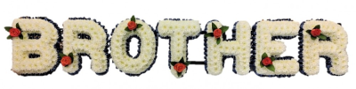 Brother Funeral Tribute - This letter tribute of Brother is done in a simple method. Edged in a double row of ribbon and massed in double white chrysanthemums with a single rose in each letter. Ribbon colour and rose can be customised to suit. Please phone the shop or add in special requests for custom colours Designed and made by Buttercups & Daisies Florist Birmingham, this Brother Funeral Tribute offers families a personal way to express remembrance through flowers. The design is assembled patiently, with suitable...