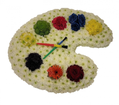 Paint pallet funeral tribute - This bespoke funeral tribute is created using white double chrysanthemums and flowers of varying colours. Approx 60cm (24in) x 45cm (18in) Handcrafted by Buttercups & Daisies Florist Birmingham, this Paint pallet funeral tribute is prepared as a thoughtful floral tribute for a funeral, memorial or remembrance service. Shape, scale, contrasting tones and finishing details are assessed closely to create an appropriate and respectful presentation. Seasonal availability can affect individual ste...