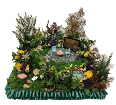 Garden funeral tribute - This bespoke garden was created to celebrate the life of a keen gardener. Created on a 2ft x 2ft designer board using flowers and foliage to create this beautiful garden Designed and made by Buttercups & Daisies Florist Birmingham, this Garden funeral tribute offers families a personal way to express remembrance through flowers. The design is assembled patiently, with suitable blooms and foliage positioned to maintain a clear form and balanced character. Flower varieties and foliage depend o...