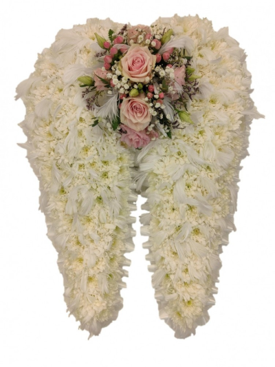Angel wings - angel wings with feathers and spray 2 sizes available standard size is 60cm x 40cm deluxe size is 90cm x 60 cm This Angel wings is carefully handcrafted in Birmingham for a meaningful farewell, memorial gathering or funeral service. The florists consider proportion, outline, colour balance and texture so the finished design has a dignified, carefully arranged appearance. Because fresh flowers naturally change through the year, particular varieties may be substituted with comparable choices t...